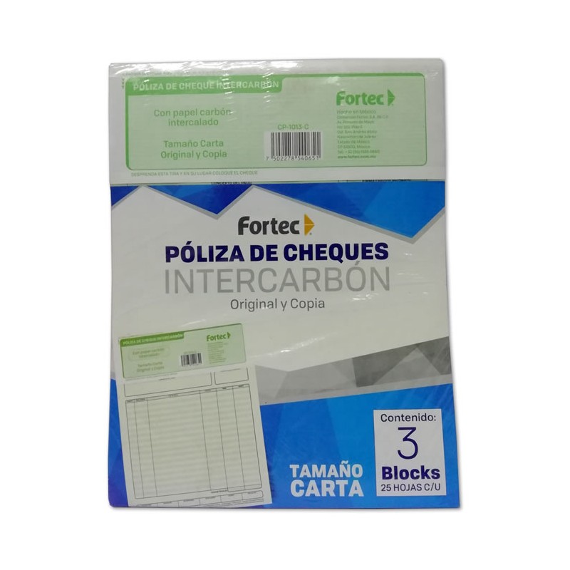 PAQUETE CON 3 DE BLOCK POLIZA DE CHEQUES CARTA FORTEC CON CARBON